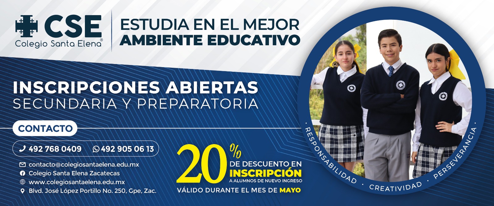 Inscripciones abiertas Secundaria y Preparatoria Colegio Santa Elena, 20% de descuento en inscripción durante mayo
